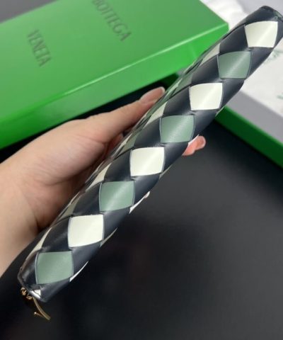 Replica Bottega Veneta Zip Long Wallet Green Grid - high-end replica designer purse